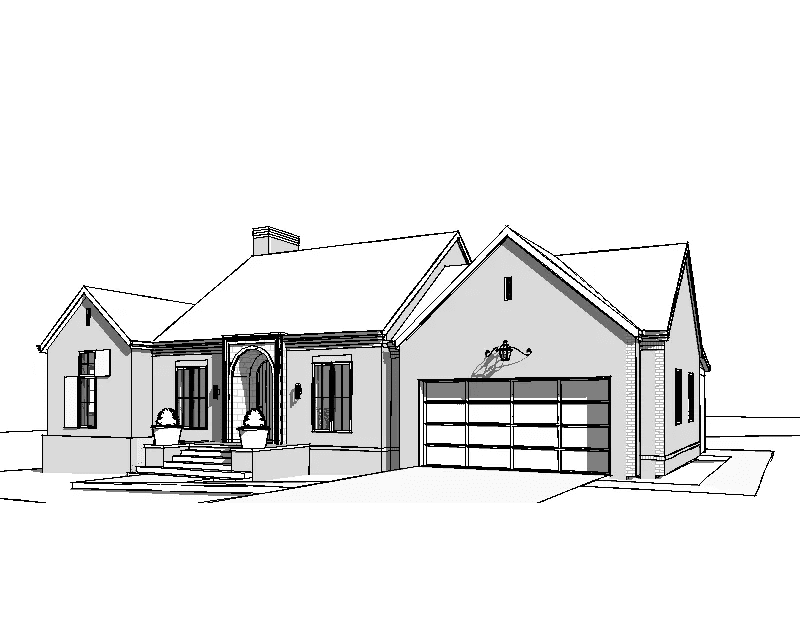 A drawing of a house with a garage door.