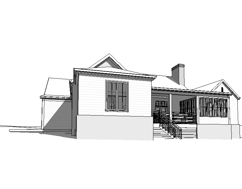 A drawing of a house with stairs leading to the front door.