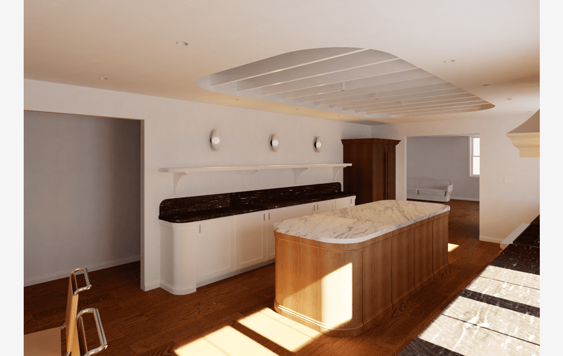 A kitchen with a marble counter top and wooden cabinets.