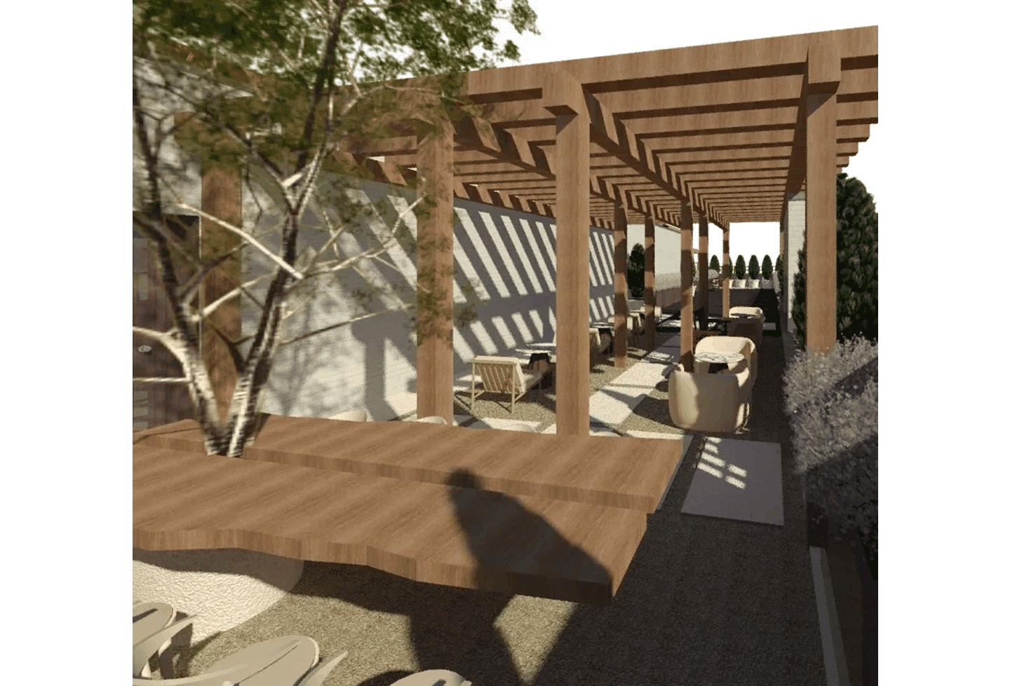 A 3 d rendering of an outdoor area with trees and benches.