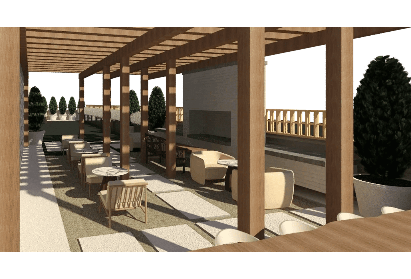 A rendering of an outdoor area with tables, chairs and benches.