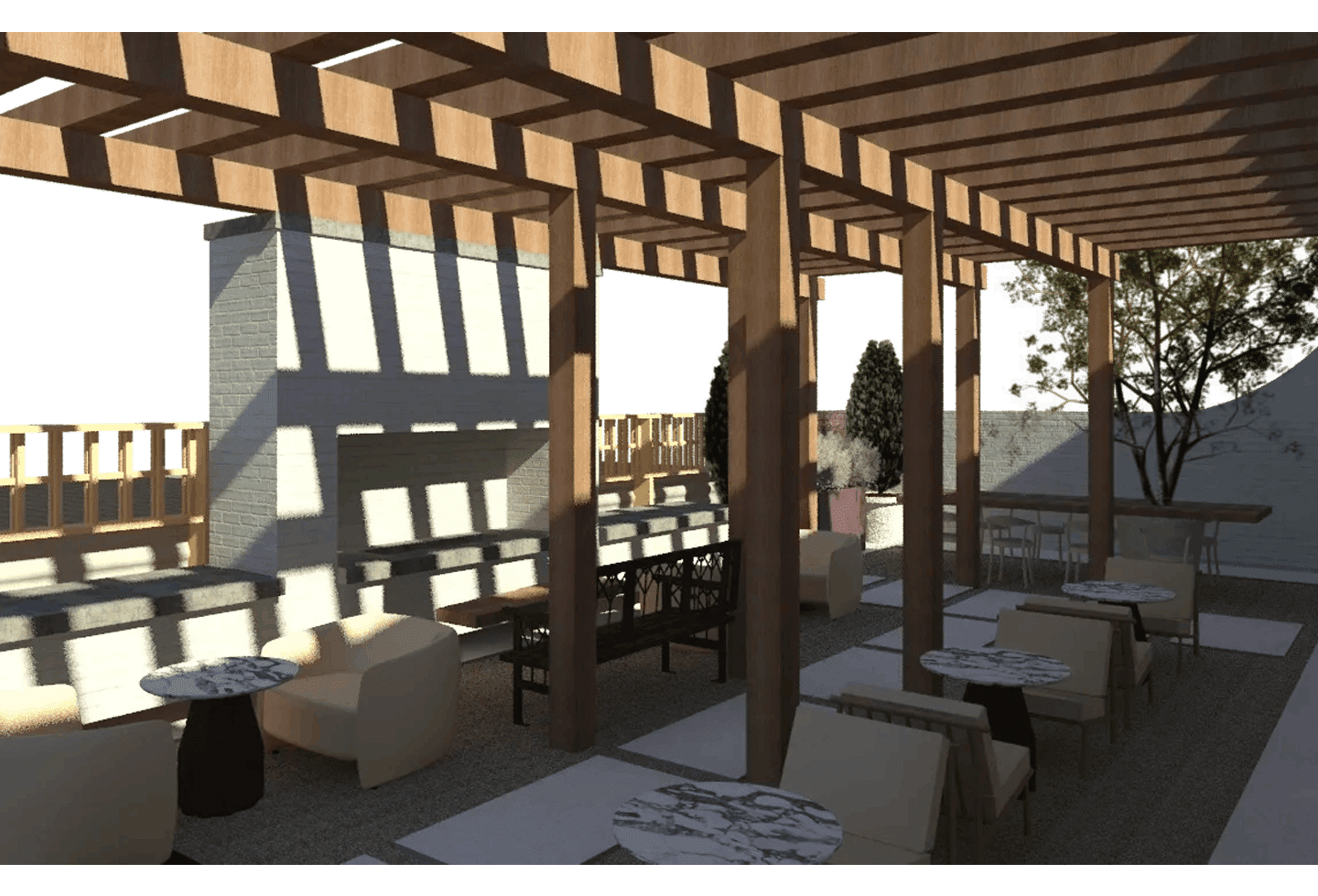 A 3 d image of an outdoor dining area.