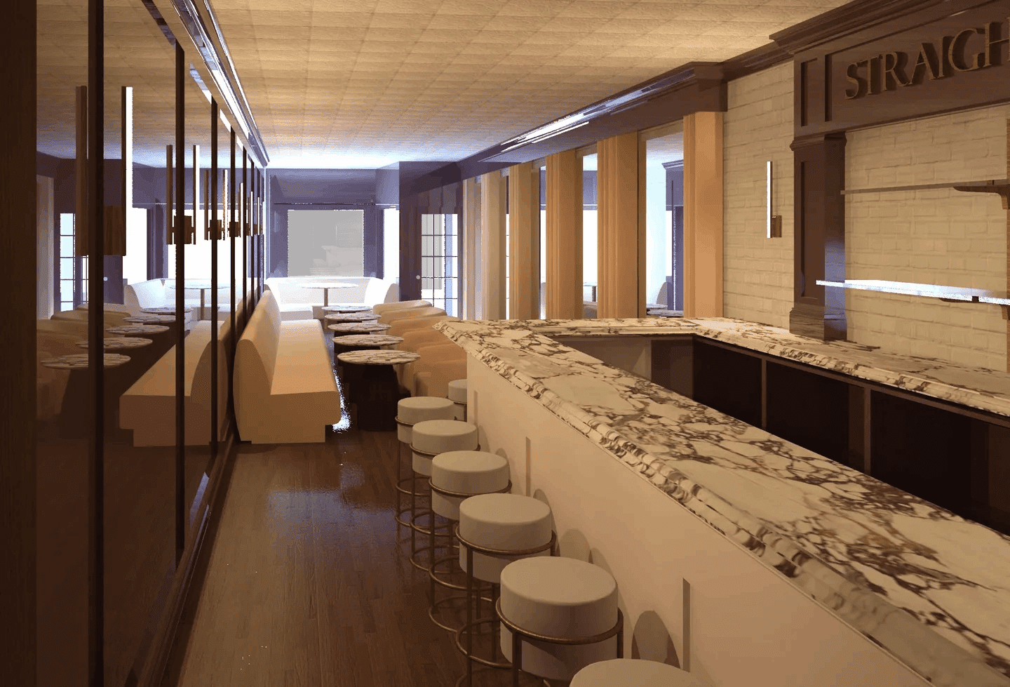 A long bar with white stools and marble counter tops.