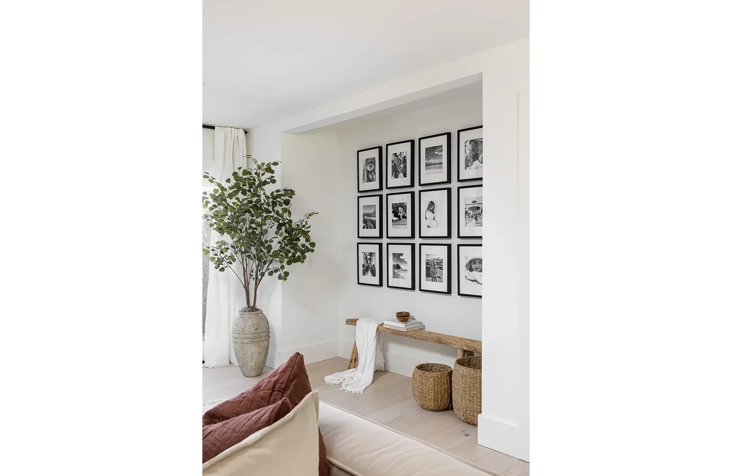 A living room with a plant and pictures on the wall