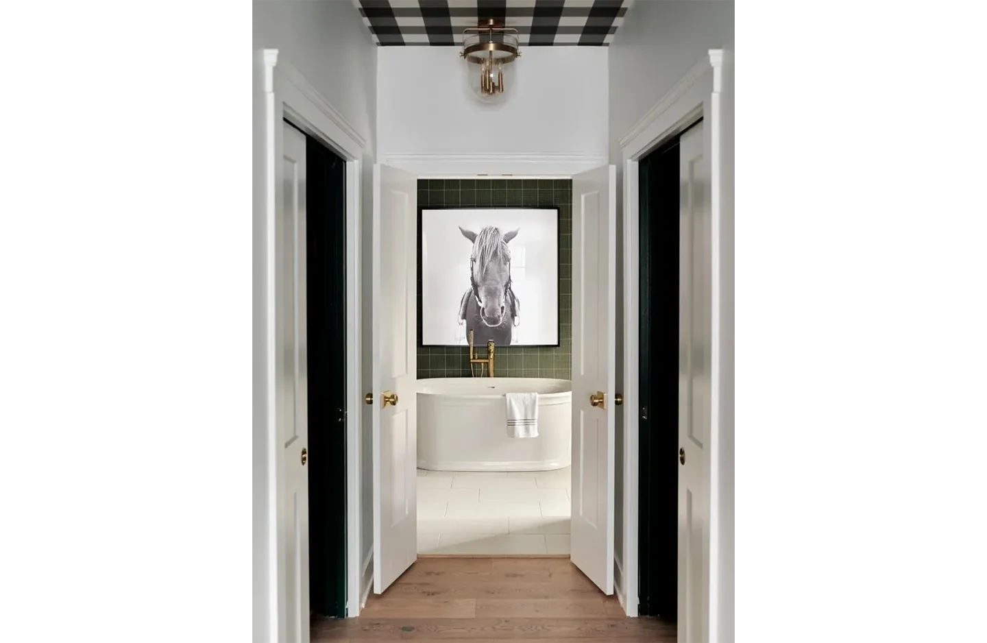 A hallway with two doors and a picture of a horse on the wall.