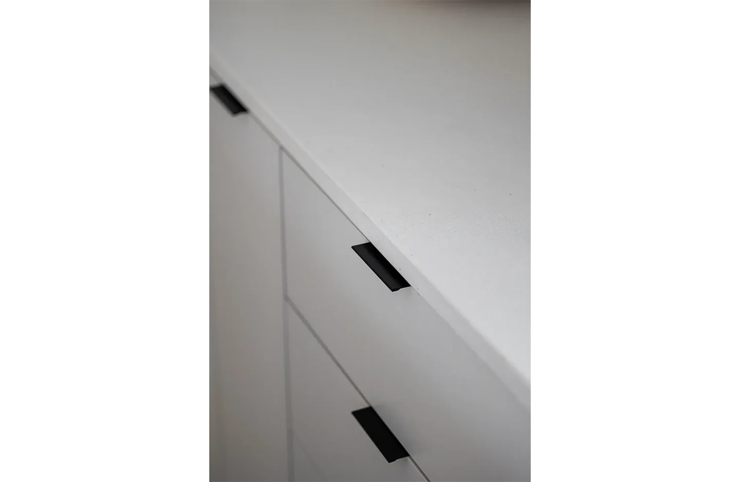 A close up of the handles on a white cabinet